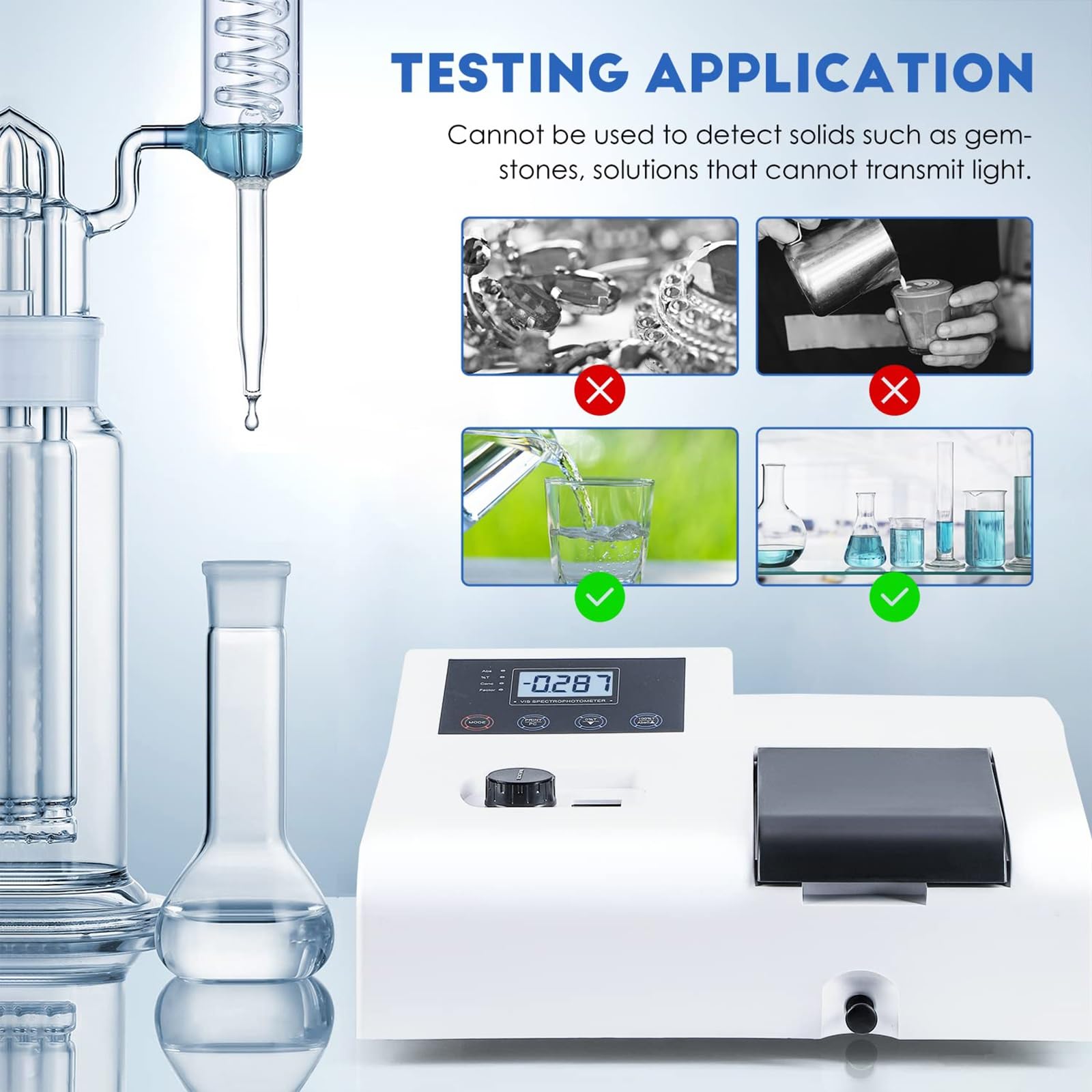 Espectrofotómetro visible, espectrofotómetro de onda LCD portátil con ajuste automático a cero, espectrofotómetros digitales de laboratorio, rango de longitud de onda de 350-1020 nm