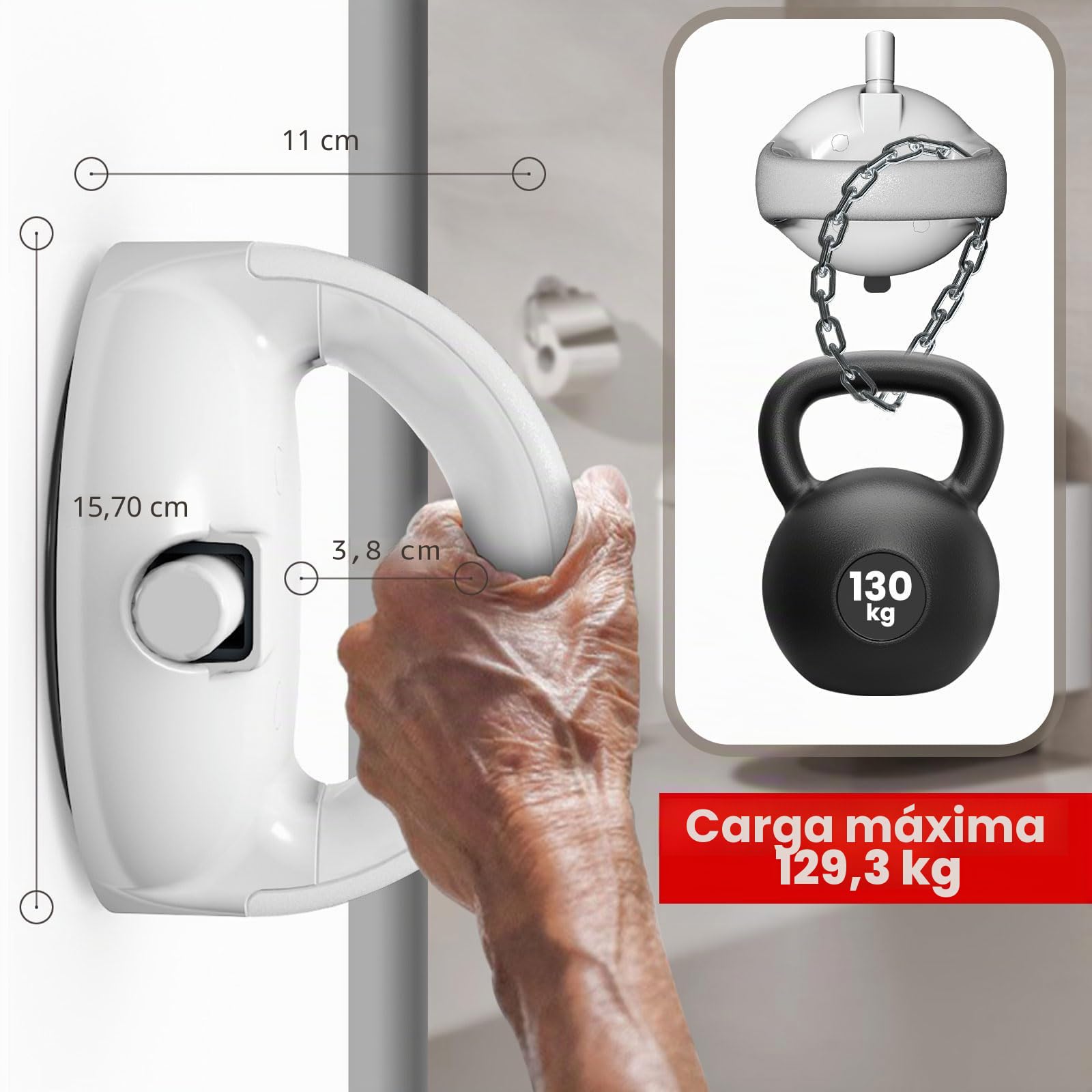 Asa de Seguridad para Baño con Ventosa | Advertencia de Succión, Para personas mayores, Minusválidos y Niños, Fácil Instalación, Sin Perforaciones