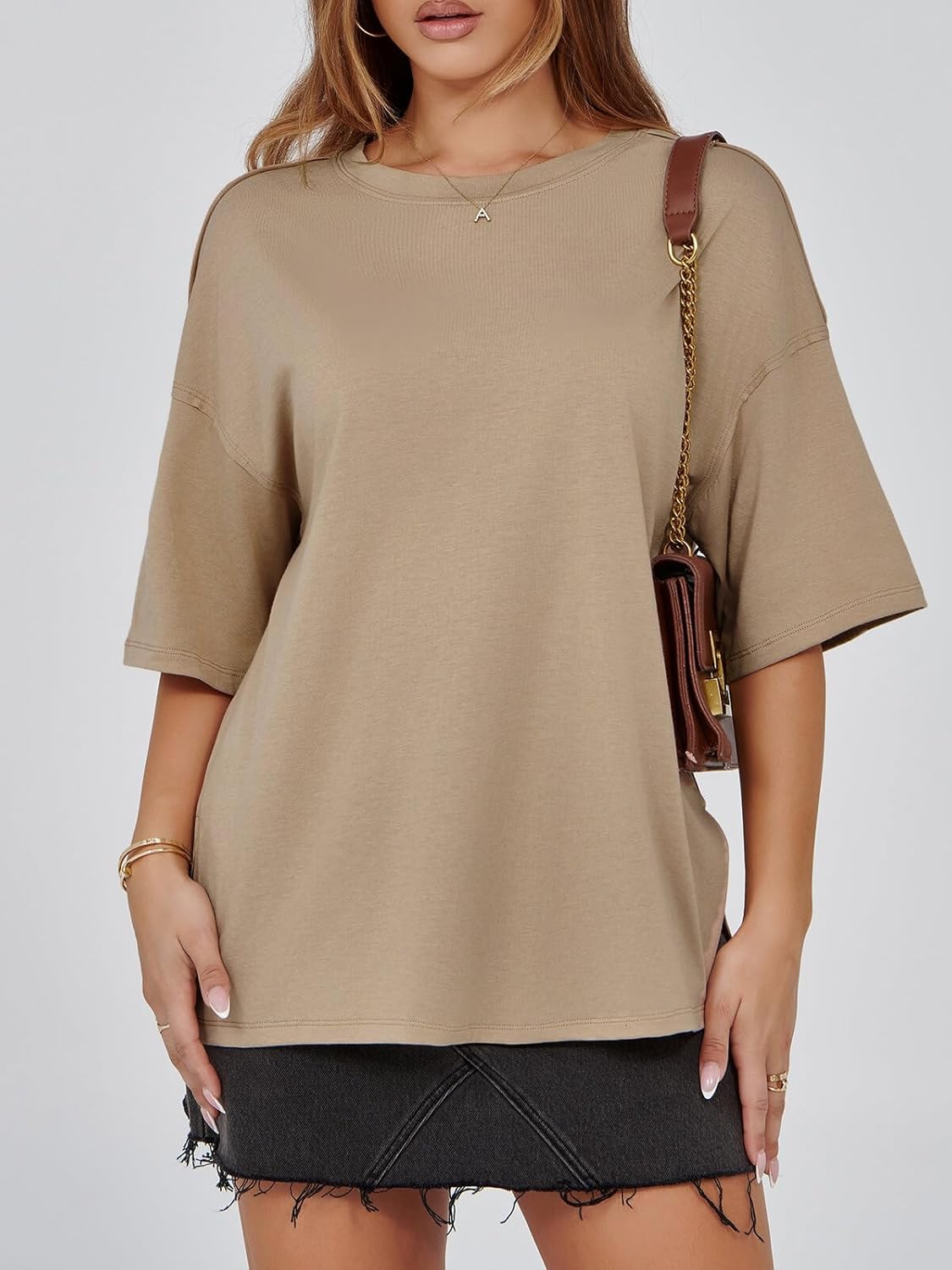 Tankaneo Womens Oversized Tshirts Summer Casual Short Sleeve Crew Neck T Shirt Loose Fit Side Slit Tee Tops - Image 3