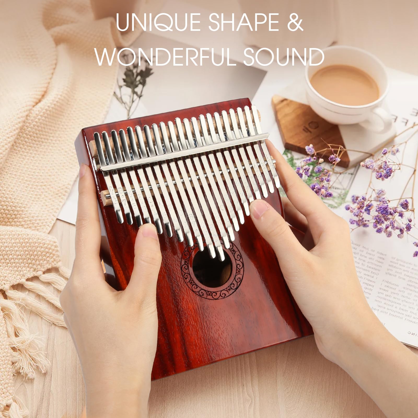Kalimba Daumenklavier, YUNDIE tragbares Mbira-Fingerklavier mit 21 Tasten, Stimmhammer und Lernanleitung, Musikinstrumente, Geschenk für Erwachsene, Anfänger, Profis (Braunrot) (21 Tasten)