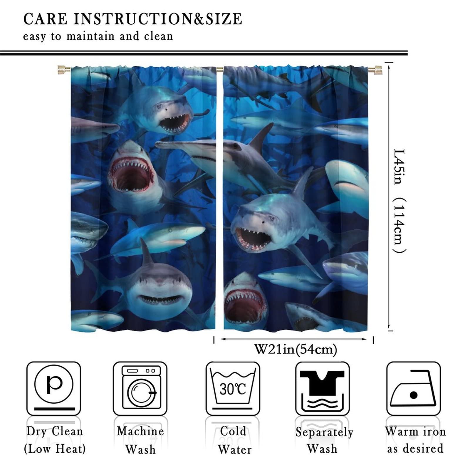 INSFBRB Cool Underwater World Shark Blackout Curtains,Ocean Wild Life Sea Animals Sharks Window Drapes Rod Pocket Thermal Insulated Room Darkening Blackout Curtains for Bedroom 2 Panels 45L x 21W