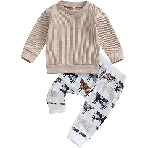 Western Baby Girl Boy Clothes Baby Waffle Knit Sweatshirt Top and Casual Pants Cowboy Toddler Fall Winter Outfits