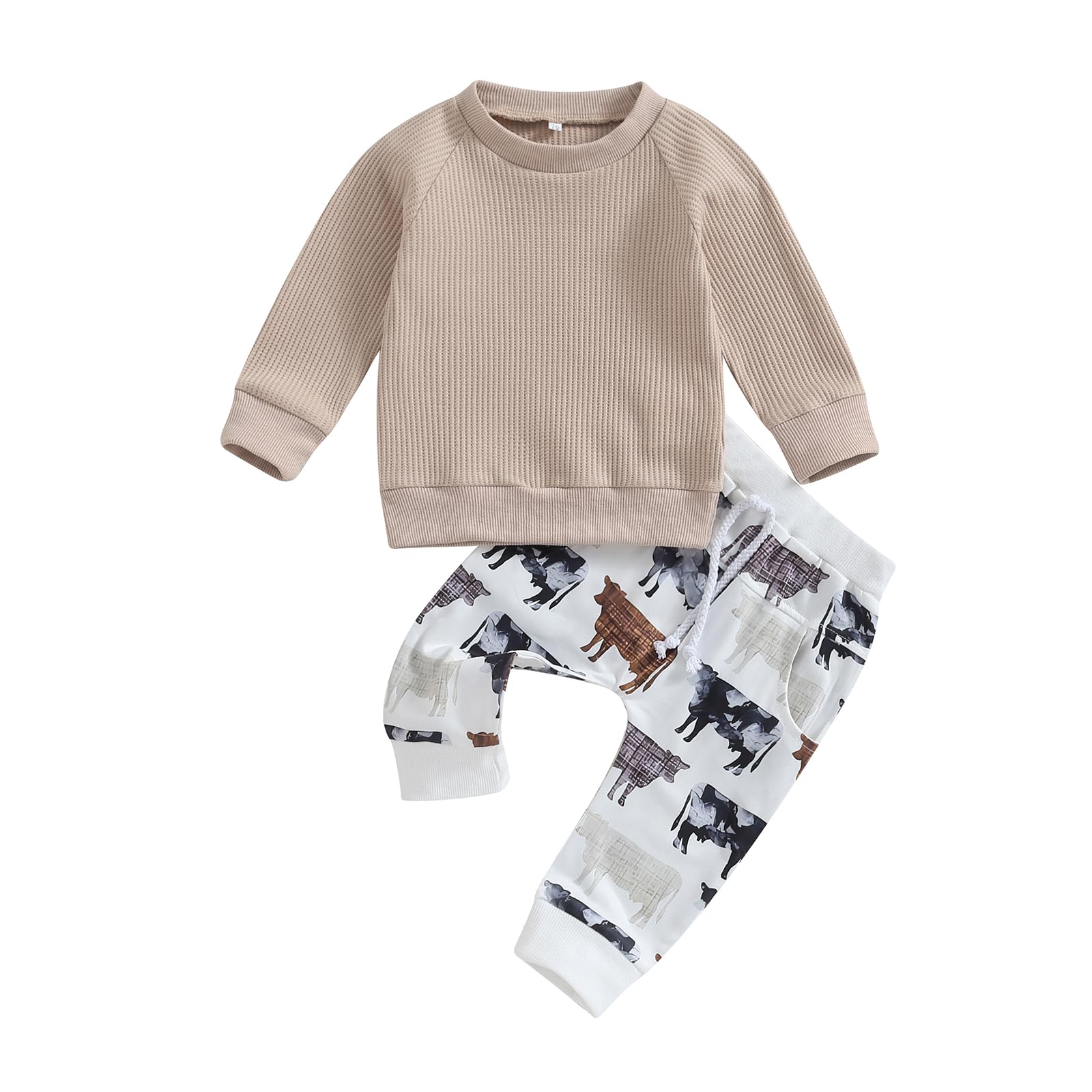 Muasaaluxi Western Baby Boy Clothes Long Sleeve Waffle Crewneck Sweatshirt Cow Print Jogger Pants Cowboy Fall Winter Outfit (Khaki, 6-12 Months)