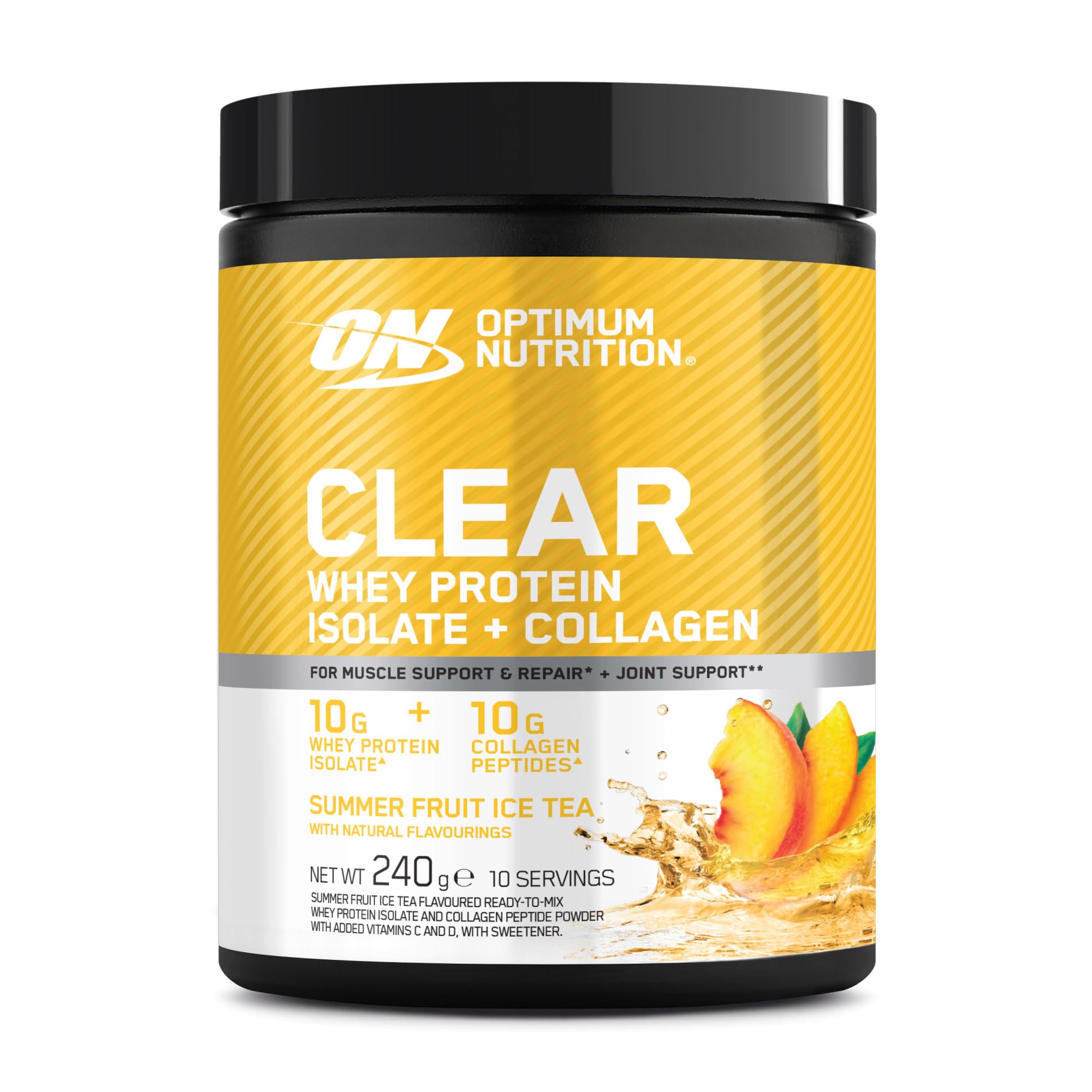 Optimum Nutrition Sommerfrucht-Eistee: Fertiges Molkenprotein-Isolat und Kollagenpeptid-Pulver mit Vitamin C und D, mit Süßungsmitteln, 10 Portionen, 240 g