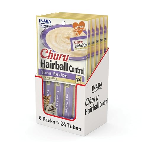 INABA Churu Hairball Control, Functional, Creamy Lickable Purée Cat Treat with Taurine & Vitamin E, 14 Grams Each, 24 Tubes (4 per Pack), Tuna Recipe - Tuna Recipe