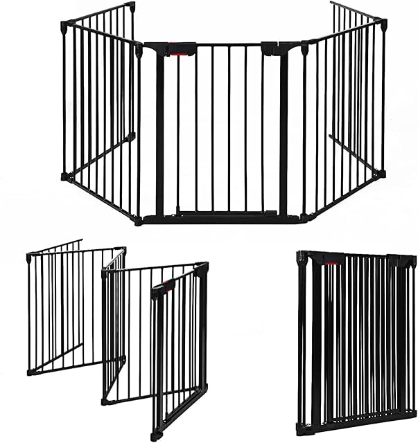 CASART 5 Panel Baby Safety Gate, Kids Toddlers Dogs Stair Safety Fence Playpen with Safety Pin, Adjustable Metal Room Divider Fireplace Guard (Black)
