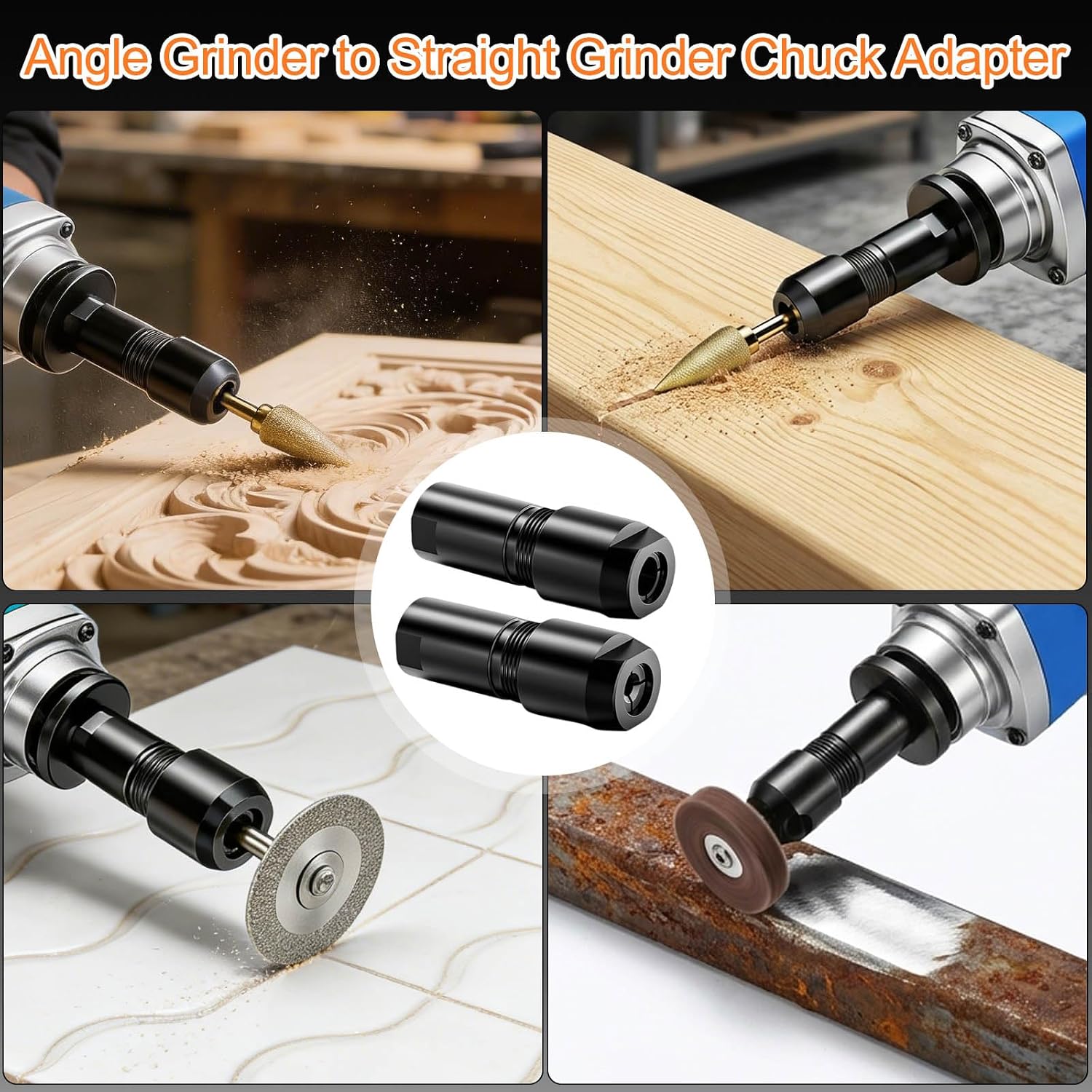 2-Pack Angle Grinder to Die Grinder Adapter, 5/8"-11 Thread to 1/4"&1/8" Collet Chucks, Heavy Duty Extension Rod for Rotary Burrs, Wood Carving, Metal Polishing