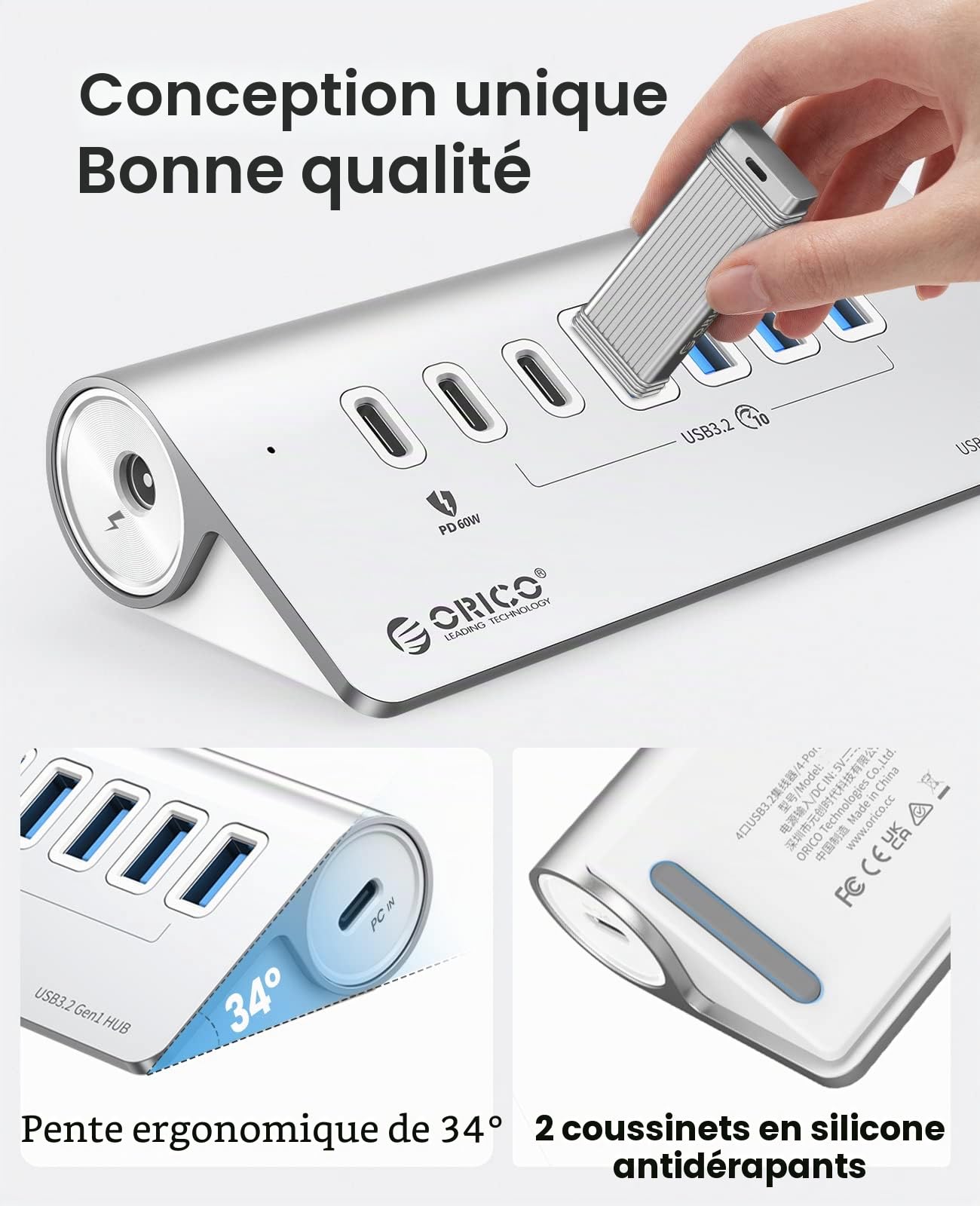 Hub USB, ORICO Hub USB C 3.2 Gen 2 alimenté à 7 ports 10 Gbit/s avec 4 USB A, 2 USB C, PD 60 W, adaptateur d'alimentation 24V/3A, répartiteur USB en aluminium avec 0.5m câble pour Macbook, Macbook Pro