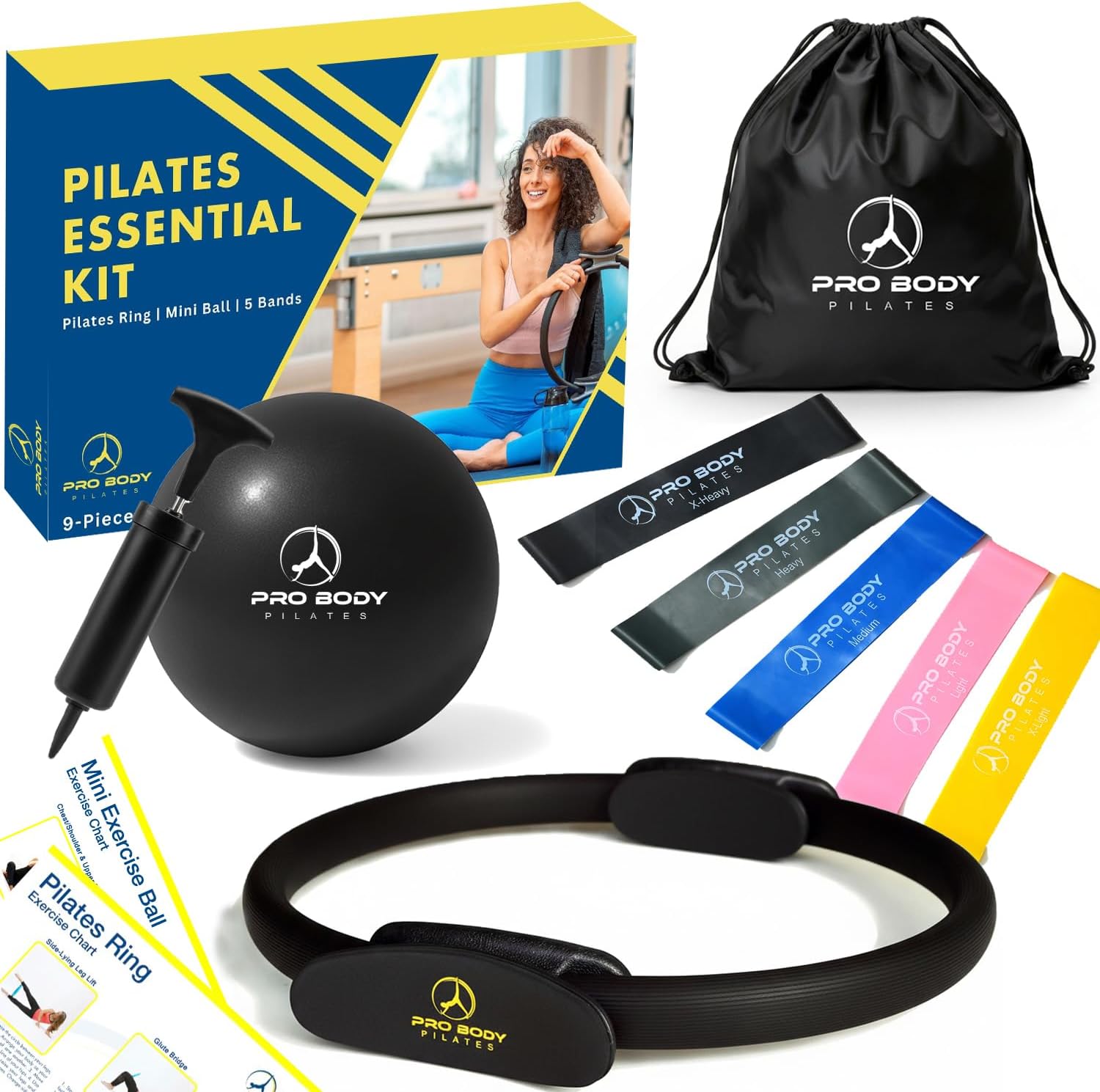 ProBody Pilates Ring Set with 14-Inch Magic Circle Ring, 9-Inch Exercise Ball, 5 Resistance Bands, Pump, Training Guides, & Storage Bag for Core Strength, Balance, Stability Training