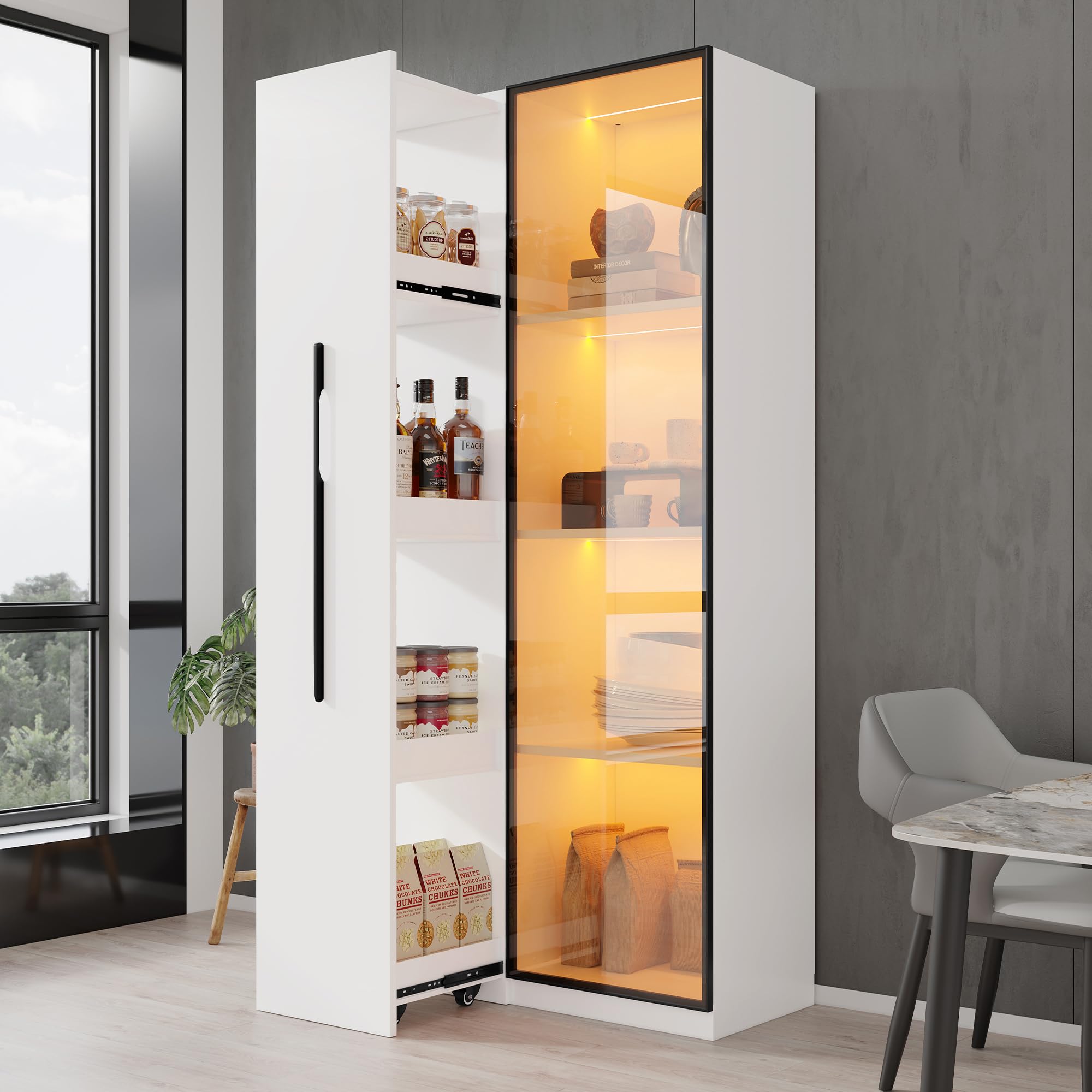 Libreria multifunzione vetrina 40 x 70 x 160 cm, con ante in vetro temperato, telaio in alluminio, 1 porta, 1 cassetto laterale, ruote, bianco