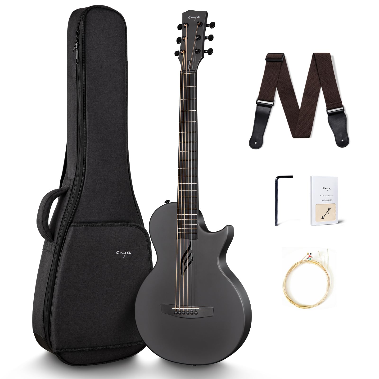 Enya Nova Go Carbon Fiber Acoustic Guitar 1/2 Size Beginner Adult Travel Acustica Guitarra w/Starter Bundle Kit of Colorful Packaging, Acoustic Guitar Strap, Gig Bag, Cleaning Cloth, String,Black