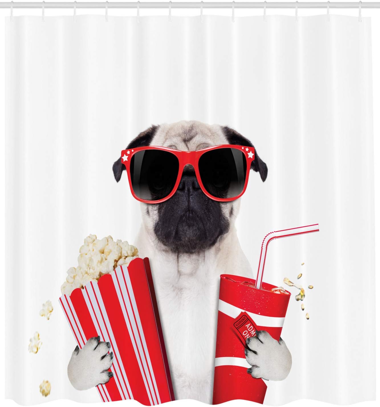 Ambesonne Pug Shower Curtain, Going to The Movies Pug Dog Popcorn Soft Drink Movie Star Glasses Animal Fun Image, Cloth Fabric Bathroom Decor Set with Hooks, 69" W x 75" L, Cream Red Black