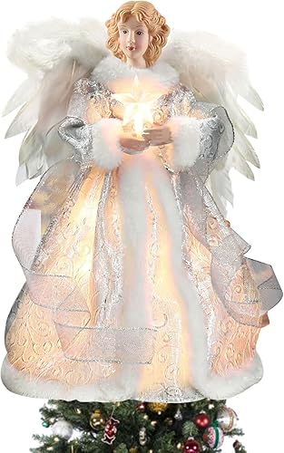 Figura de ángel para árbol de Navidad, estrella LED para árbol de Navidad, 12.6 pulgadas, color marfil y dorado (plateado)