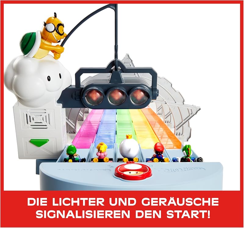 Hot Wheels Mario Kart Versenyautó Pálya Szivárványszínekben, 2 Autóval (Mario & King Boo), Fény és Hangeffektekkel, 2.5m Hosszú, 4 Évtől