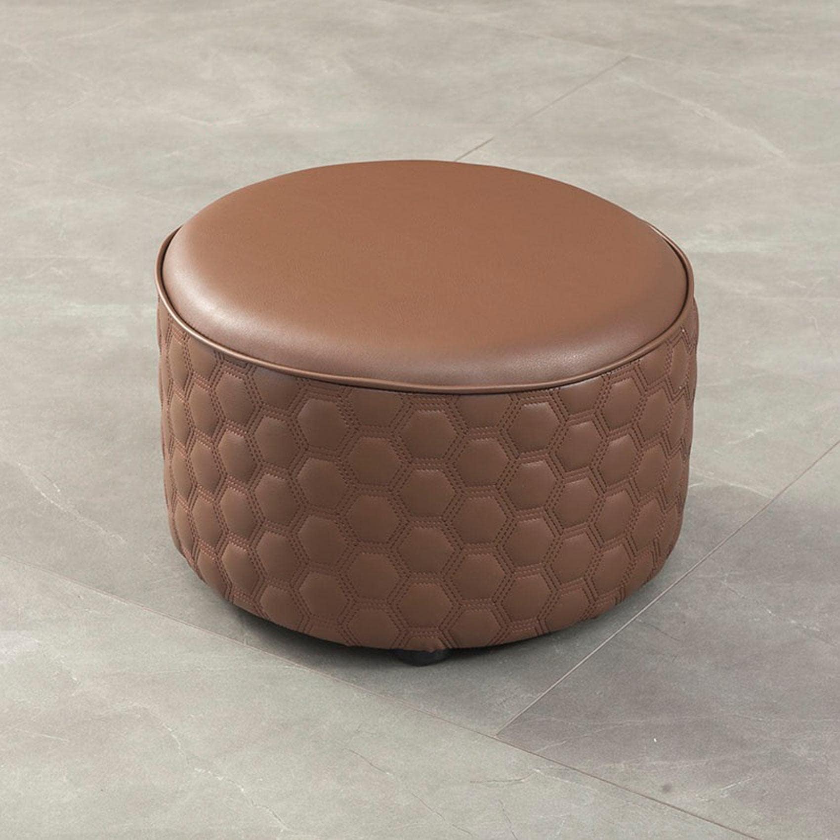 Tabouret ottoman rond en cuir marron au design raffiné pour décoration chic