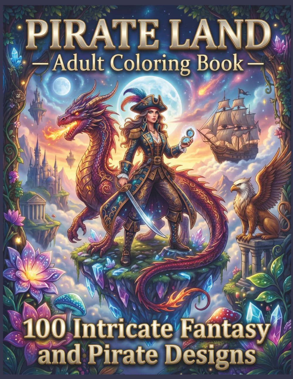 Pirate Land: Adult Coloring Book with 100 Intricate Fantasy Designs: Pirates, Mythical Creatures & Magical Worlds (Mythical Realms Coloring Collection)