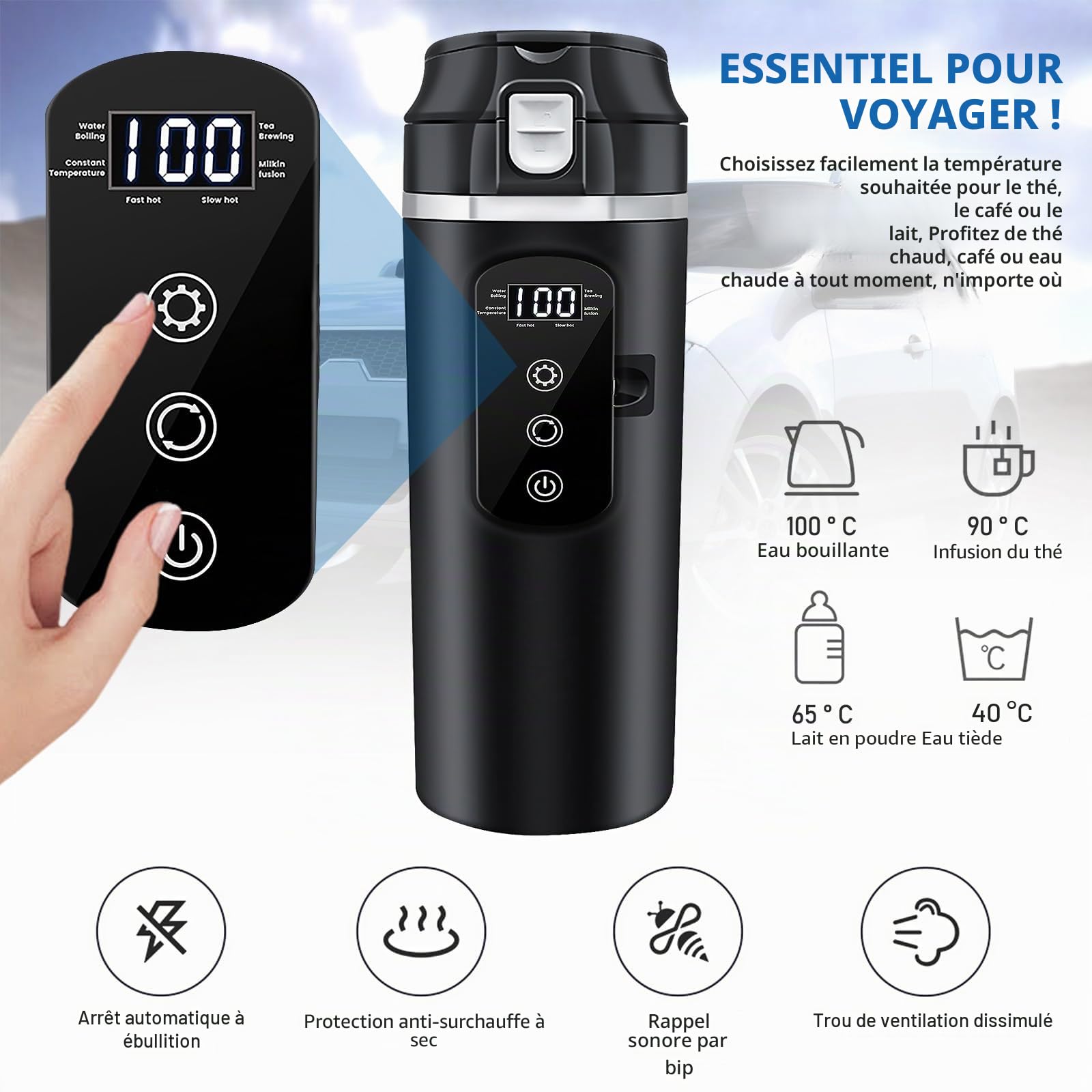 Bouilloire électrique de voyage pour voiture, DC 12 V/24 V, bouilloire de voyage, petite bouilloire avec écran LCD, tasse chauffante en acier inoxydable avec contrôle de la température pour camion