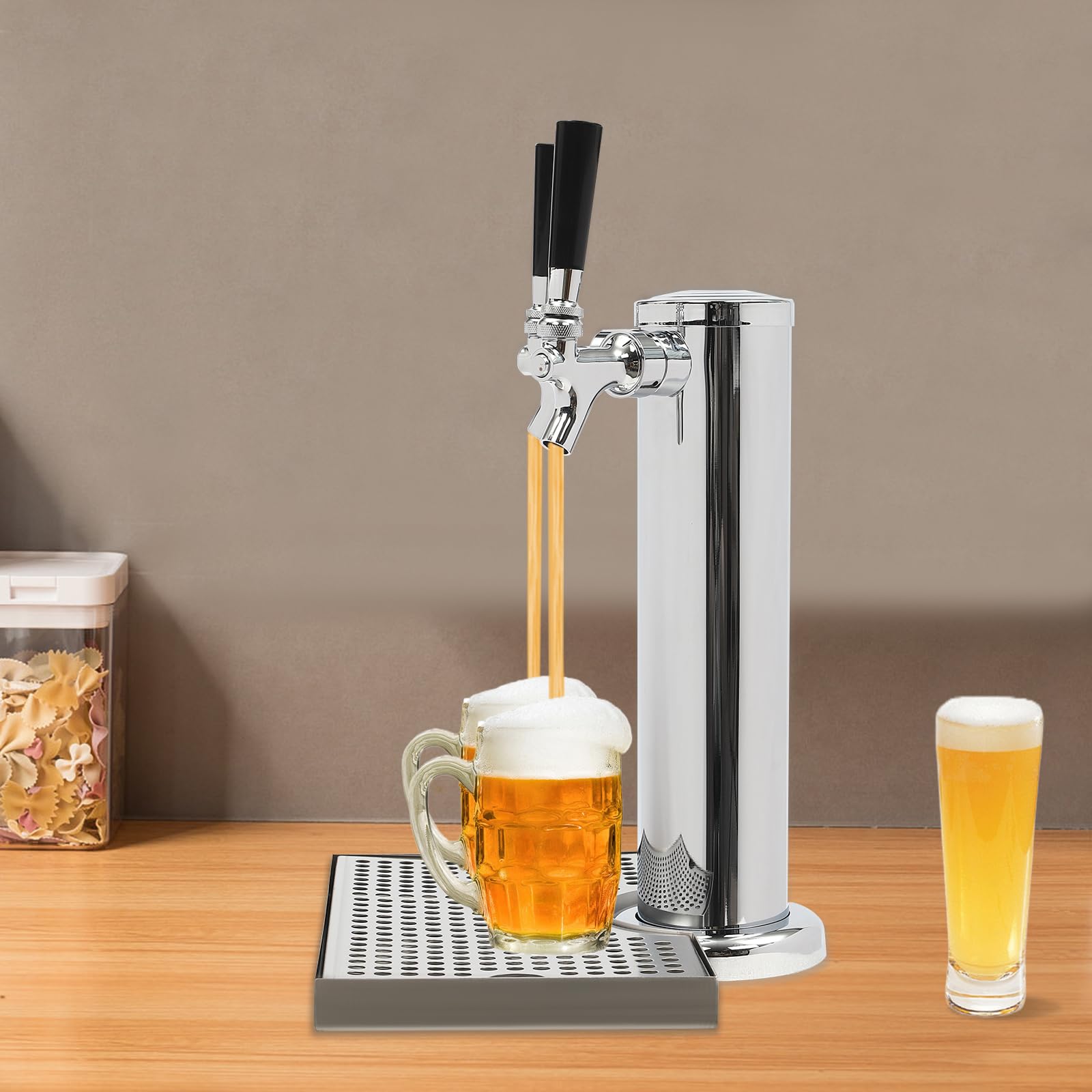 Acero inoxidable cerveza grifo surtidor,columna redonda doble grifo dispensador de bebidas con bandeja de goteo extraíble de acero inoxidable