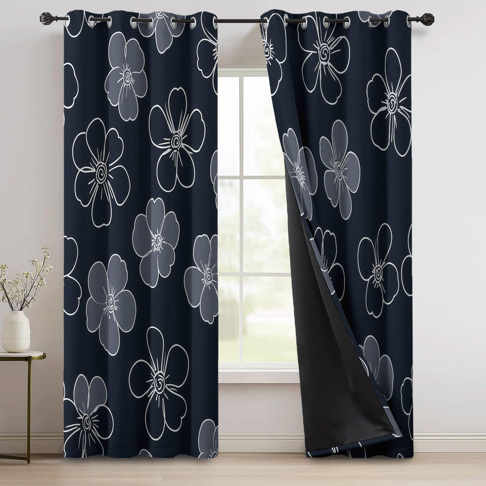 Natur Minimalistisch Vorhänge mit Ösen, Dunkelgrau Blickdichte Vorhänge Wohnzimmer Schlafzimmer, Handgezeichnet Blumen Linien Maschine Waschbar Fenster Verdunkelungsvorhänge, H215 x B110 cm 2 Stück