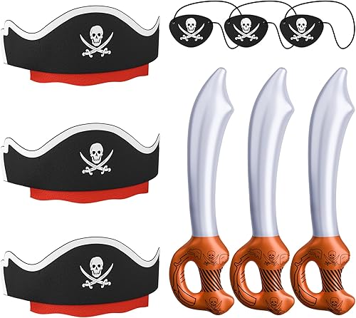 Miniatura 13 de ZeeDix 36 accesorios piratas para niños, incluye 12 sombreros de pirata, 12 parches de ojos y 12 espadas, decoraciones de fiesta pirata