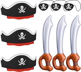 ZeeDix 3 Pcs Pirates Hats with 3 Pcs Eye Patches and 3 Swords, Pirate Accessories for Kids Party Decorations for Christmas, Halloween, Masquerade, Cosplay, Birthday