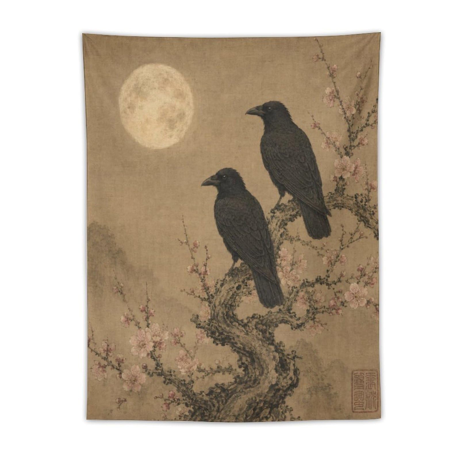 H3B8U2Y5 Two Ravens on Moonlit Branch Wall Tapestry, Asian Ink, Apartment