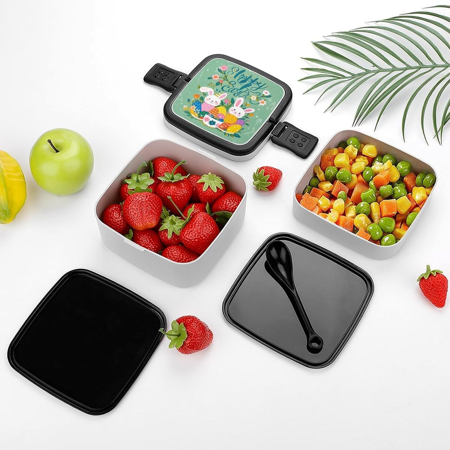Bento Box with Spoon And Handle Spring Happy Easter Holiday Printed Stackable Bento Box Portable Bento Lunch Box Container for Work Camping And Travel