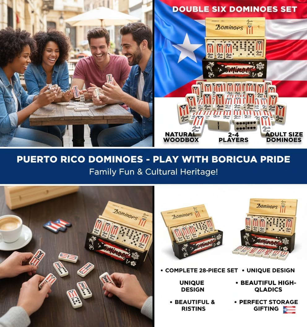 PRK 14 Puerto Rico Gifts Premium Dominoes Set Friends Gift Packs Large Adult Size Double six Domino with PR Flag Authentic Puerto Rican Design