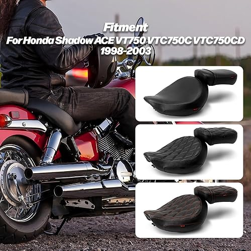 Miniatura 8 de Asiento de pasajero de motocicleta con costuras de patrón de diamante compatible con Shadow ACE VT750 VTC750C VTC750CD 1998-2003