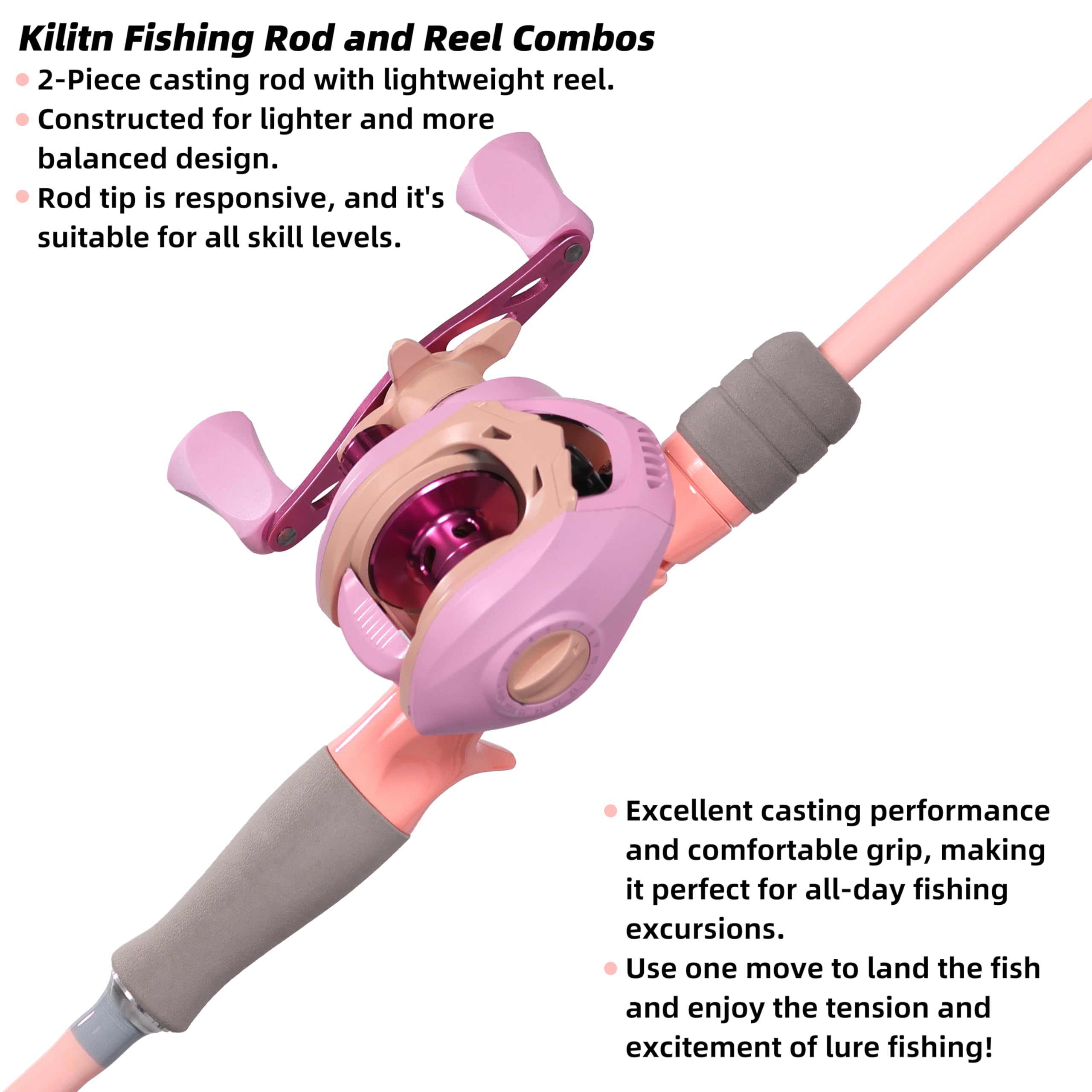 Kilitn Fishing Rod and Reel Combo, Pink Color Baitcasting Combo Baitcast Reel, 2-Piece Baitcaster Rod, Durable Fiberglass with Comfortable EVA Handle for Girl, Woman, or Beginner (Casting Left 6FT)