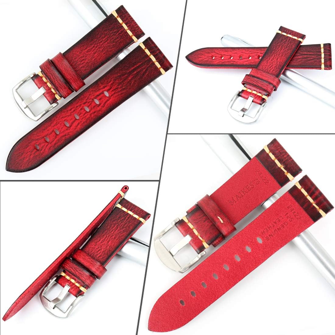 REZERO Leather Watch Bands, Tanned Leather Watch Straps, Black/Brown/Blue/Red/Green/Grey Watch Bands Replacement with Black/Silver/Gold/Rose Gold Buckle for Men, Women 18/19/20/21/22/23/24/26mm