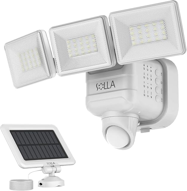 2000LM Solar Security Lights Outdoor, Motion Sensor Outdoor Floodight, 5000K Daylight, 3-Level Dimmable IP65 Waterproof Motion Sensor Light with Adjustable Head for Yard, Garage, Driveway, White