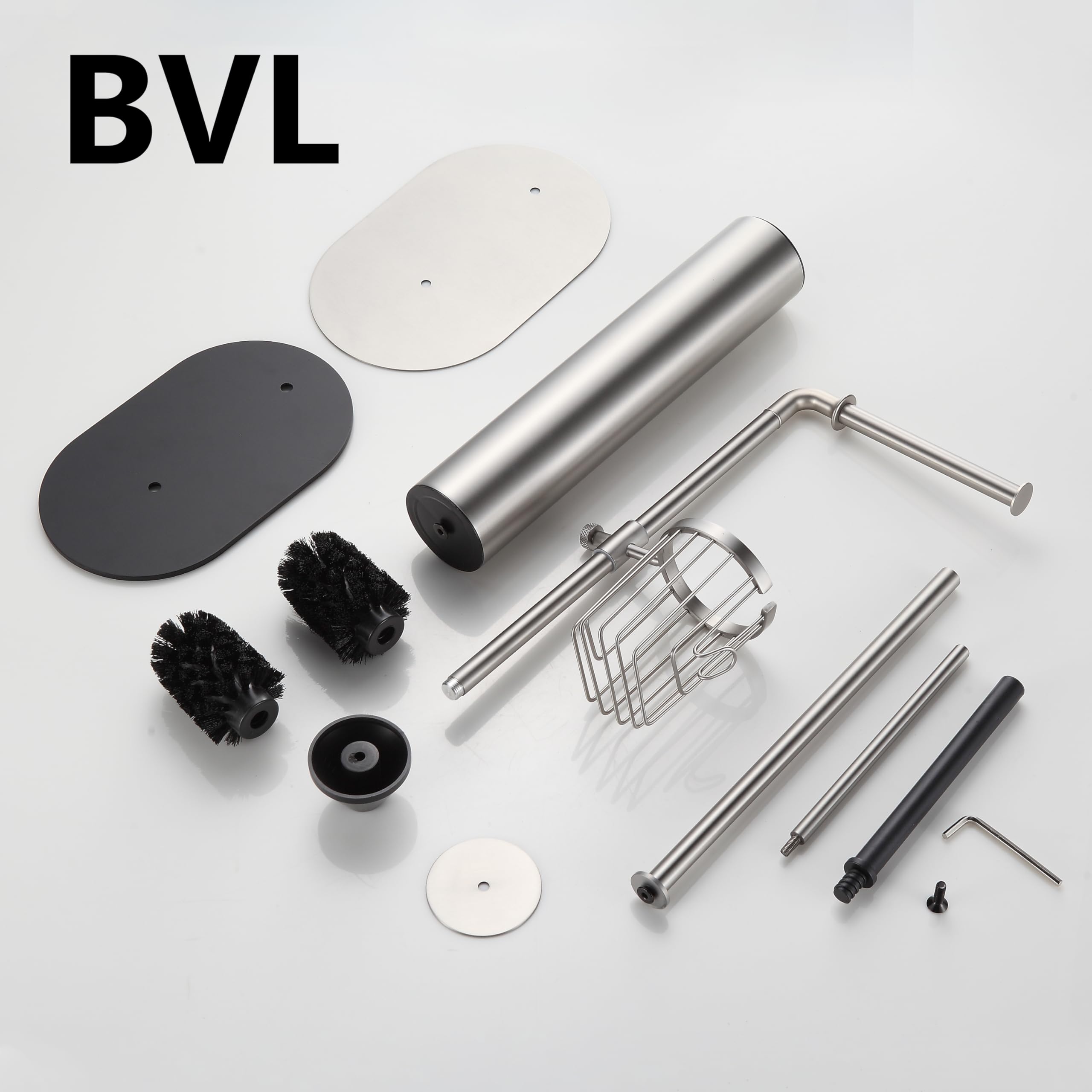BVL Porta Carta Igienica e Scopino Nichel, Portacartaigienica Bagno in Acciaio Inox con Pratico Cestello Portaoggetti a 360°, Scopino Bagno WC con Porta Carta Igienica