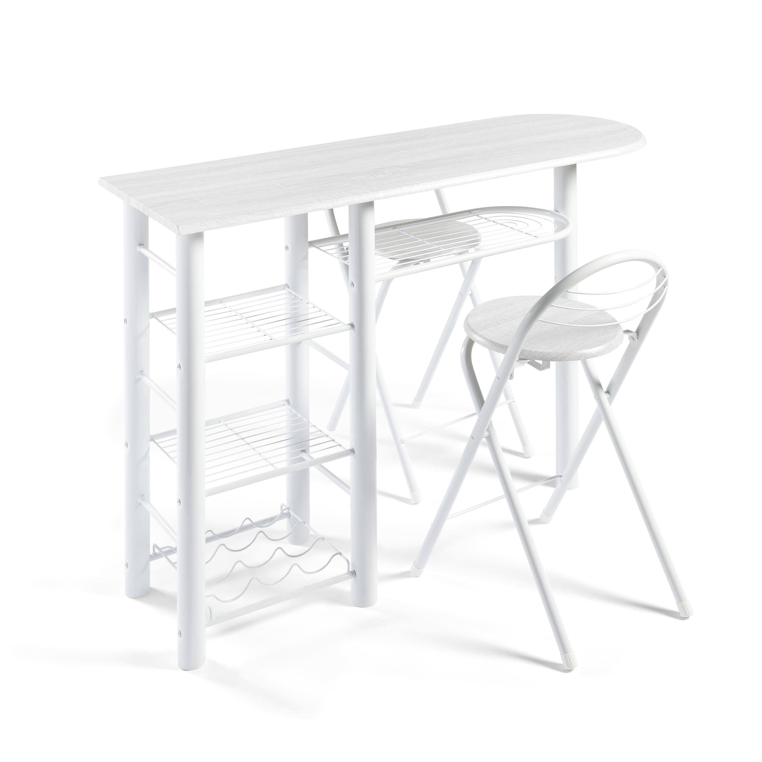 DUPI Conjunto Mesa de Cocina Bar | Estructura Metálica | Tabla de Madera | 4 Estantes | 2 Taburetes Plegables | Ideal para Cocina Pequeña, 120 x 40 x 87 cm (Blanco)