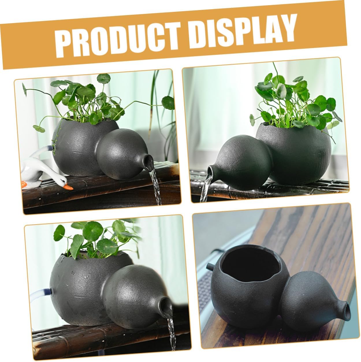 VANZACK Ceramic Gourd Waterfall Fountain Jar Tabletop Outdoor Landscape Decor Black Small No Pump Circulating Water Feature for Garden and Fish Tank