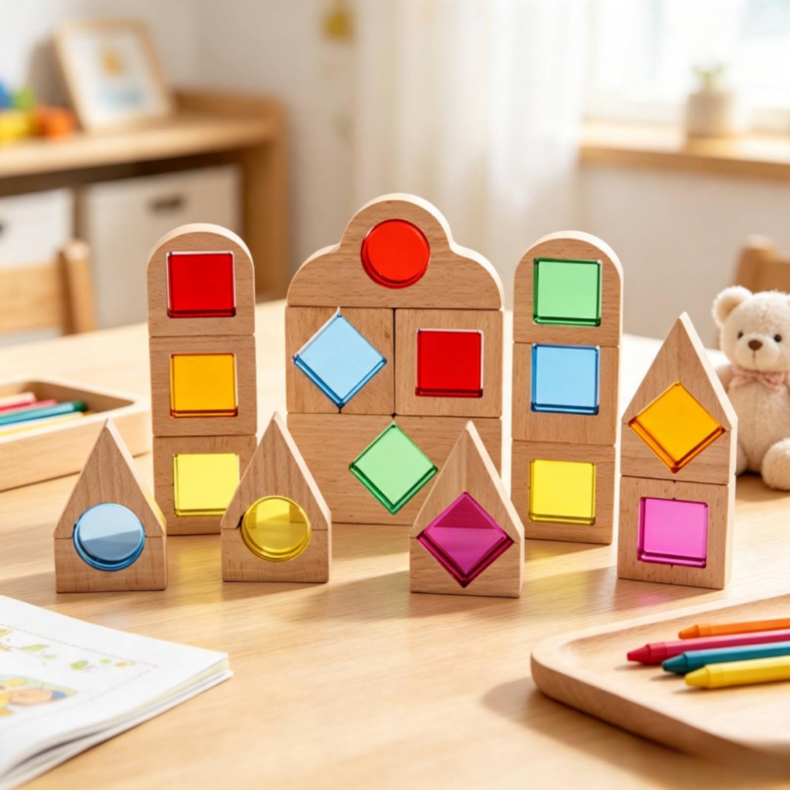 40 Pezzi Blocchi di Costruzione in Legno e Acrilico Educativi Gioco di Costruzioni con Inserti Acrilici Creativo Blocchi Legno Traslucidi per Casa