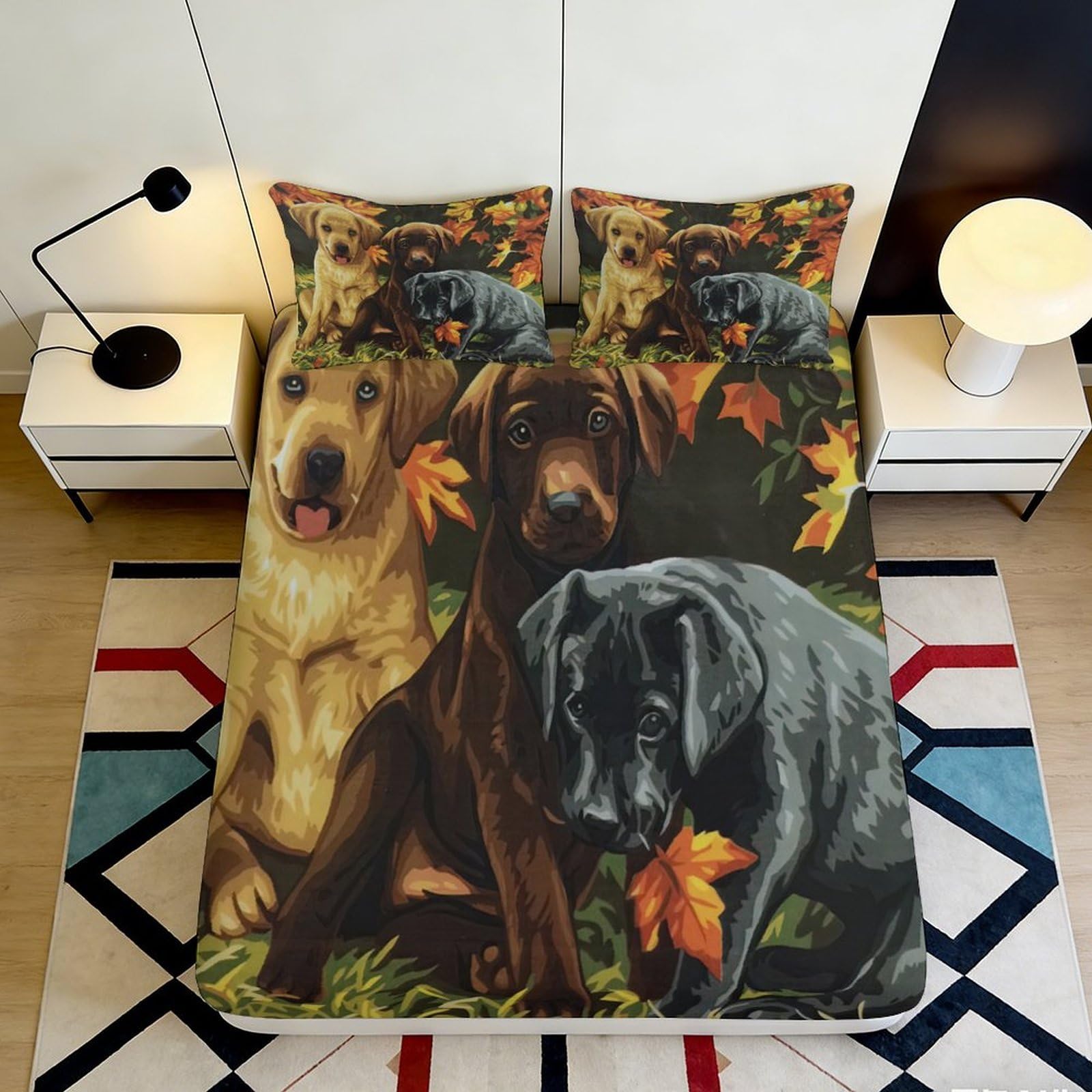 3D Printed Labrador Retriever Fitted Sheet Microfiber Autumn Leaves Bed Cover for Bedroom Dorm Mattress Protection Decor 90x200x25cm