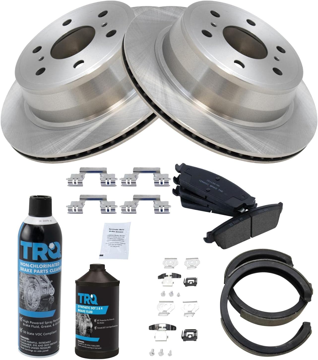 TRQ Rear Brake Pad & Rotor Kit Ceramic Compatible with 07-13 Avalanche 07-10 Escalade Escalade ESV Escalade EXT Sierra 1500 Silverado 1500 07-14 Suburban 1500 Tahoe Yukon Yukon XL 1500