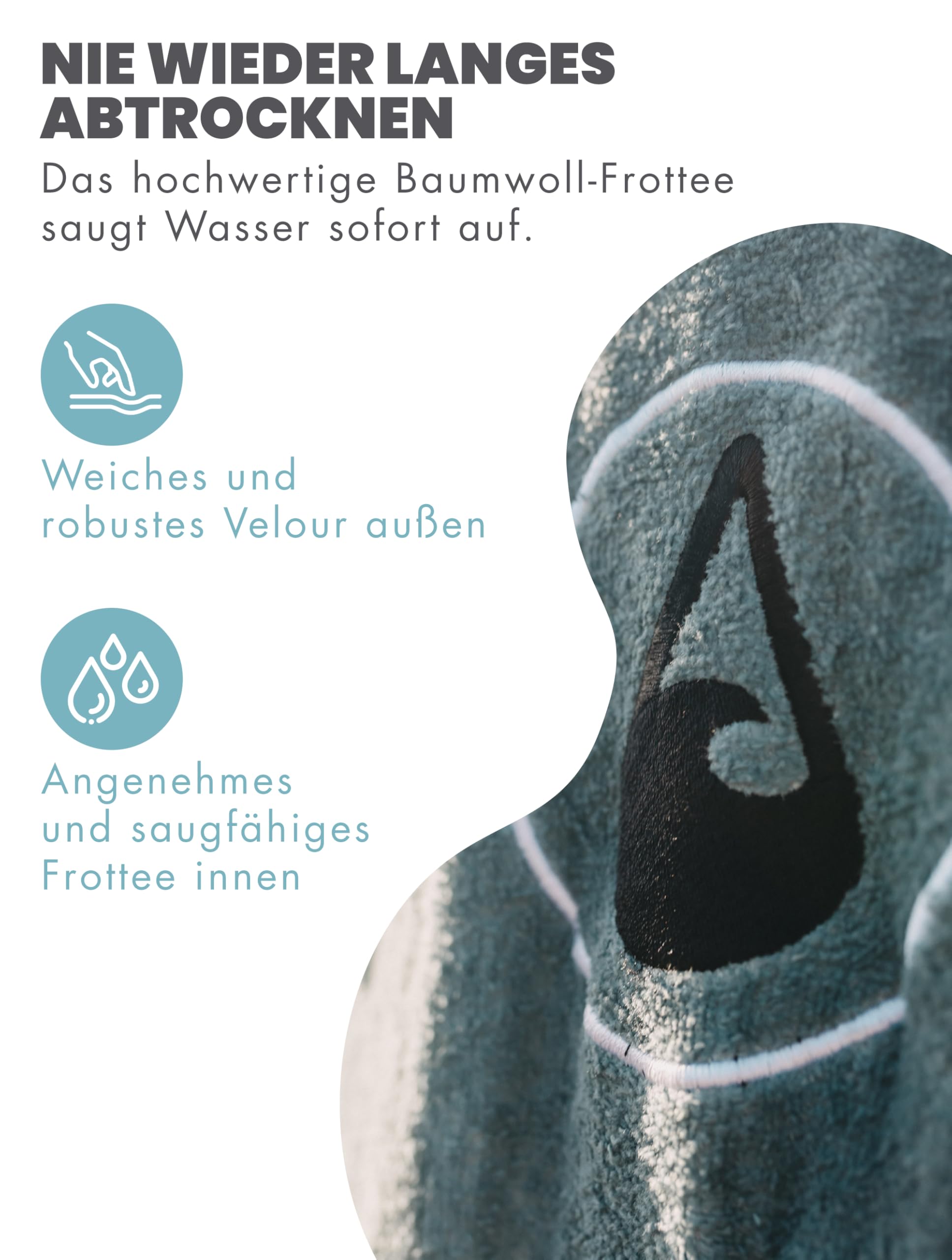 WAVE HAWAII Surfponcho L für Körpergrößen 171-193 cm Poncho 100% ÖKO Baumwolle Velours Umkleidehilfe für Schwimmen Strand Surfen Surf Poncho Badeponcho Duschponcho für Herren und Damen