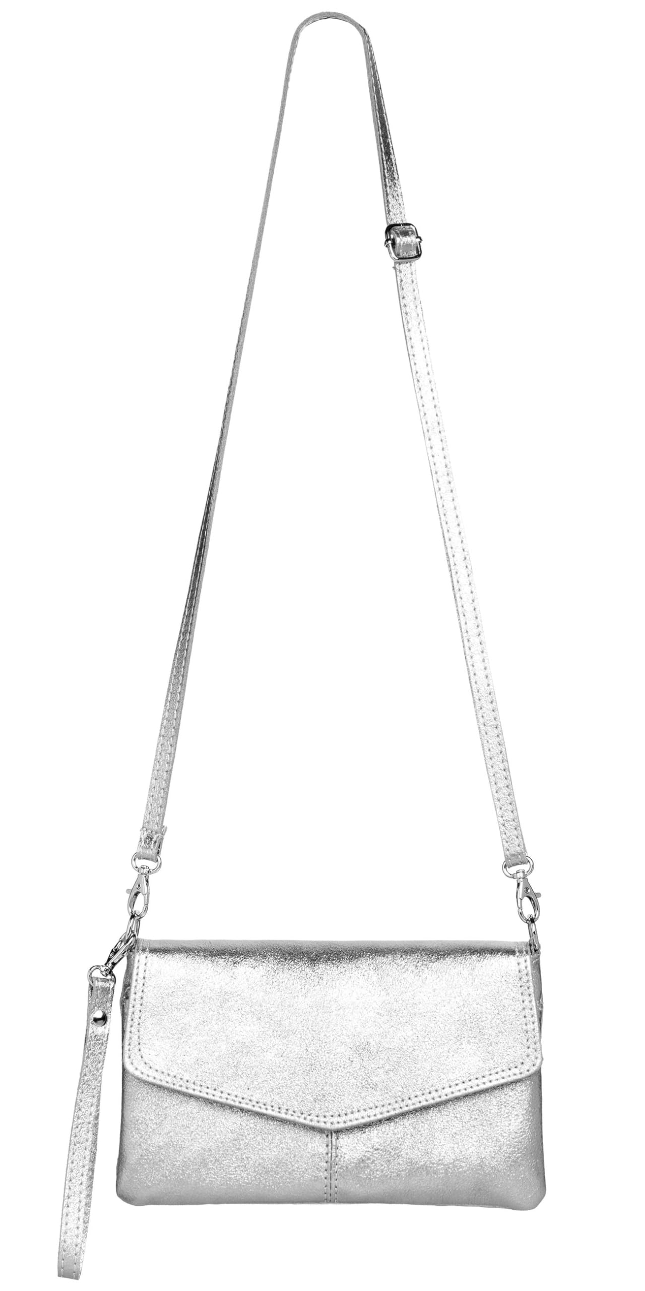 Caspar Elegante Leder Clutch Abendtasche aus samtweichem Nappaleder Damen Umhängetasche - PREMIUM LINE - Modell No.322 - Made in Italy, Farbe:silber metallic, Accessoires:One Size