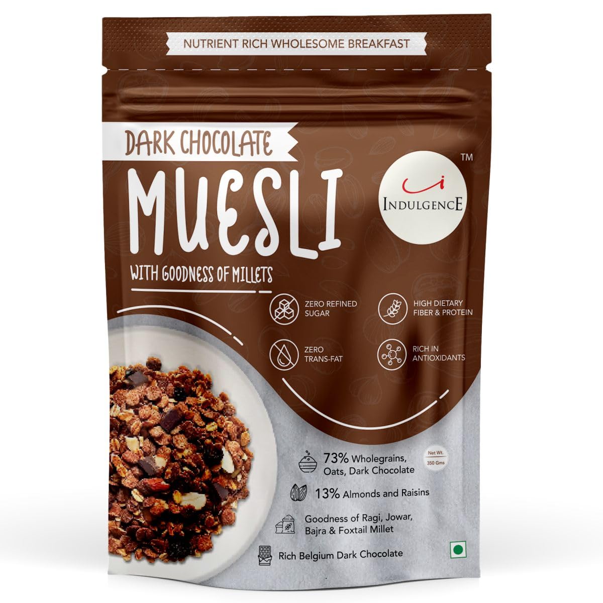 Indulgence Dark Chocolate Muesli - Whole Grains, Belgian Dark Chocolate, Ragi, Oats, Millet, Almonds, Raisins, Palm Jaggery, High Protein, High Fiber, Zero Cholesterol-image-38
