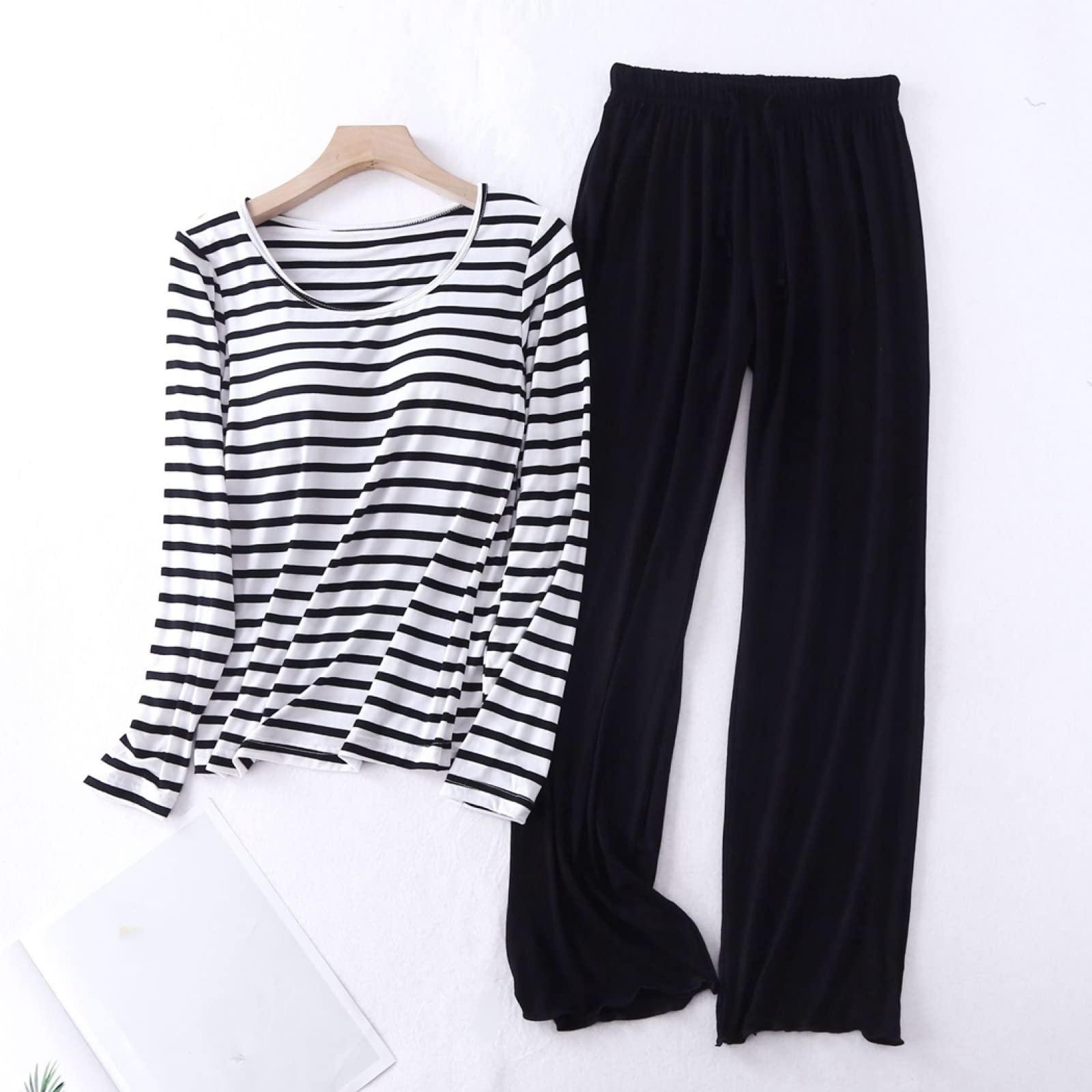 Pijama de Franela de Invierno y otoño para Mujer y Hombre, Conjunto de Sujetador y Almohadillas de algodón Puro para Mujer, Estampado de Rayas Negras de Moda, Manga Larga + pantaló