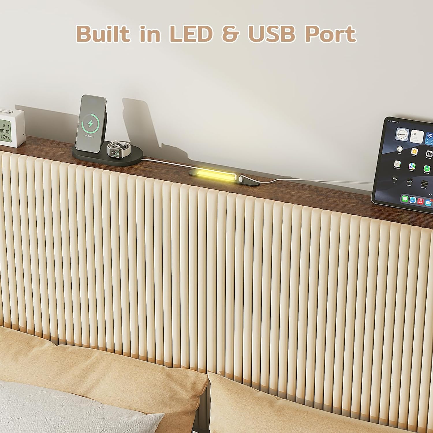 Queen Size Velvet Bed Frame with Upholstered Headboard, Tufted Velvet Wingback Storage Headboard, Queen Platform Bed Frames w/Charging Station & LED Light, Underbed Storage Space, Beige