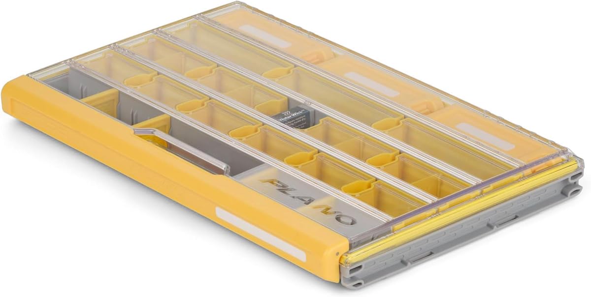 Caja utilitaria de aparejos de terminal premium Plano EDGE, almacenamiento transparente y amarillo, resistente al óxido, organizador de bandejas de aparejos impermeable para pesas, ganchos y cebos