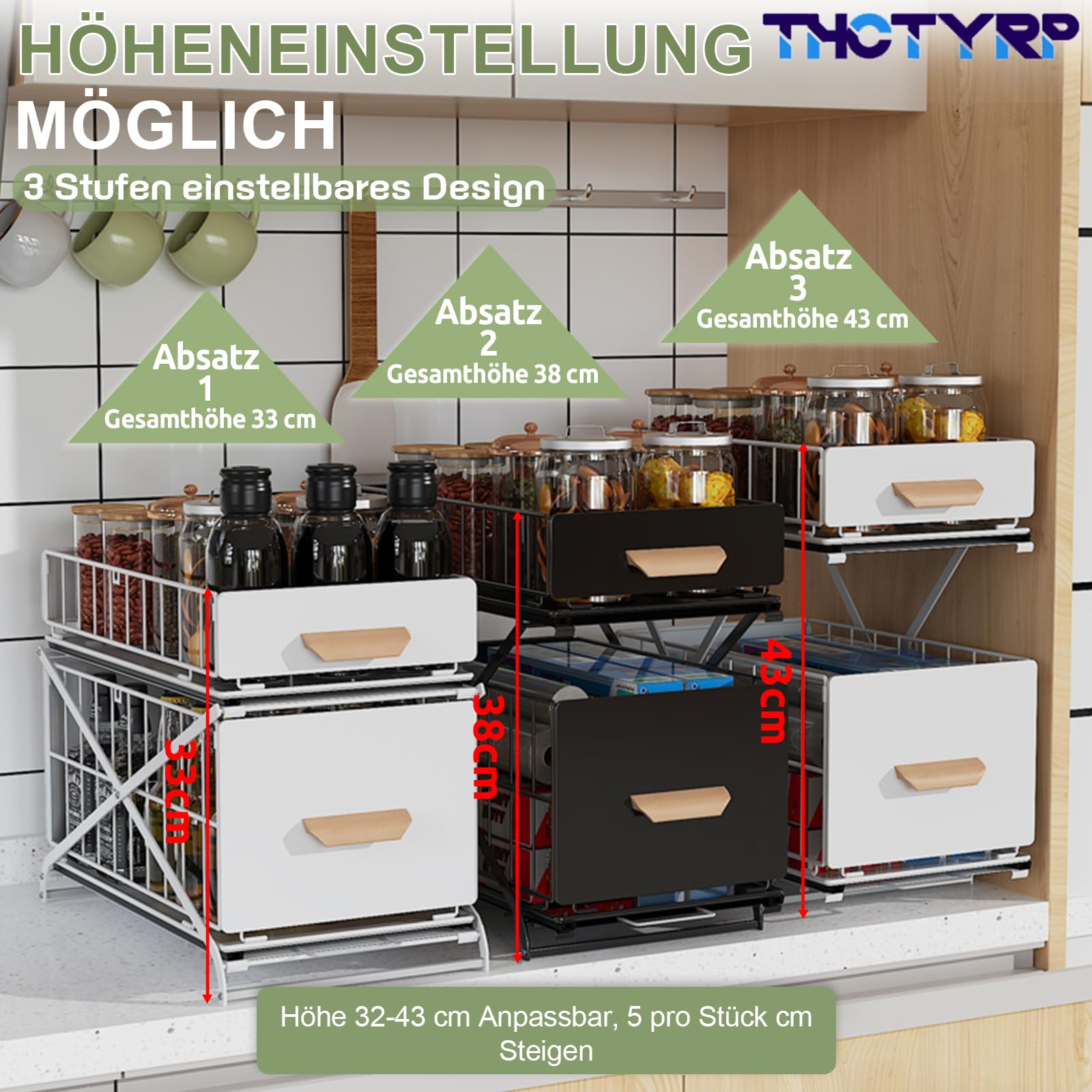 Gewürzregal, 2 Etagen Standregal Küche Arbeitsplatte Regal Organizer 40x26x39cm Ausziehbarer Organizer ohne Montage Stauraum für Gewürze & Flaschen（Schwarz）