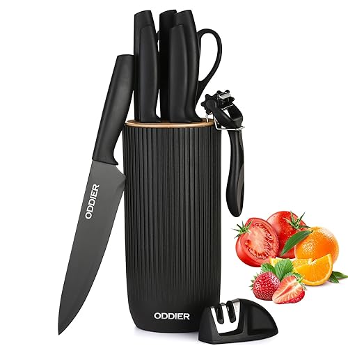 Knife Set, 10 Piece Kitchen Knife Set with Block and Sharpener, Anti-Rust Stainless Steel Knives Set for Kitchen, Chef Universal Knife Block Set, Dishwasher Safe, Ergonomical Design, Black - Black