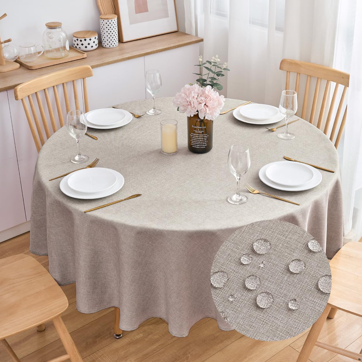 SPRICA Round Tablecloth 160cm Diameter Water Resistant Linen Texture Spill Proof Table Cover Solid Colour Circle Cover, Light Brown
