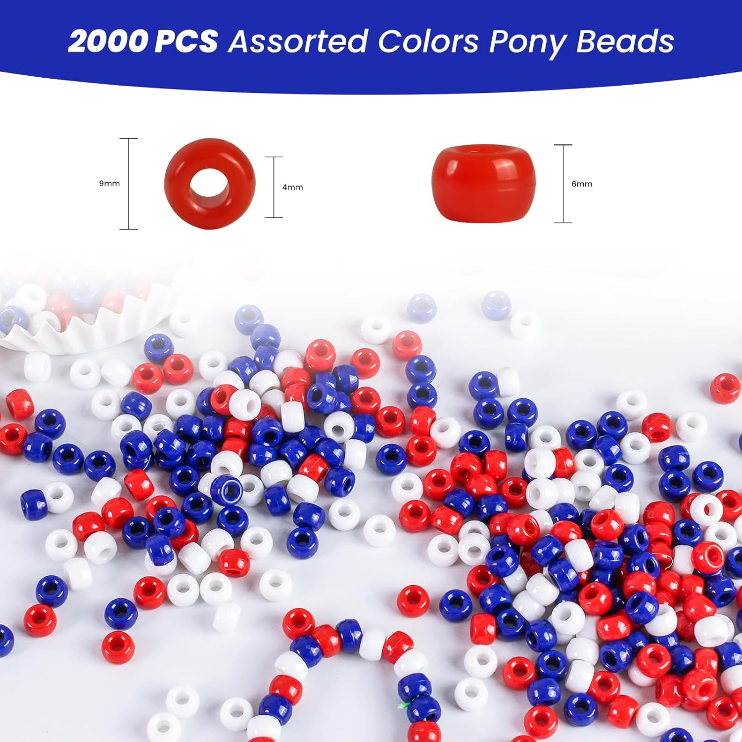 2000Pcs Pony Beads Bulk, Red White Blue Pony Beads for Bracelets, Friendship Bracelet Beads, Patriotic Beads, Beads for Jewelry Making, Plastic Beads for Crafts Day 4th of July Decorations
