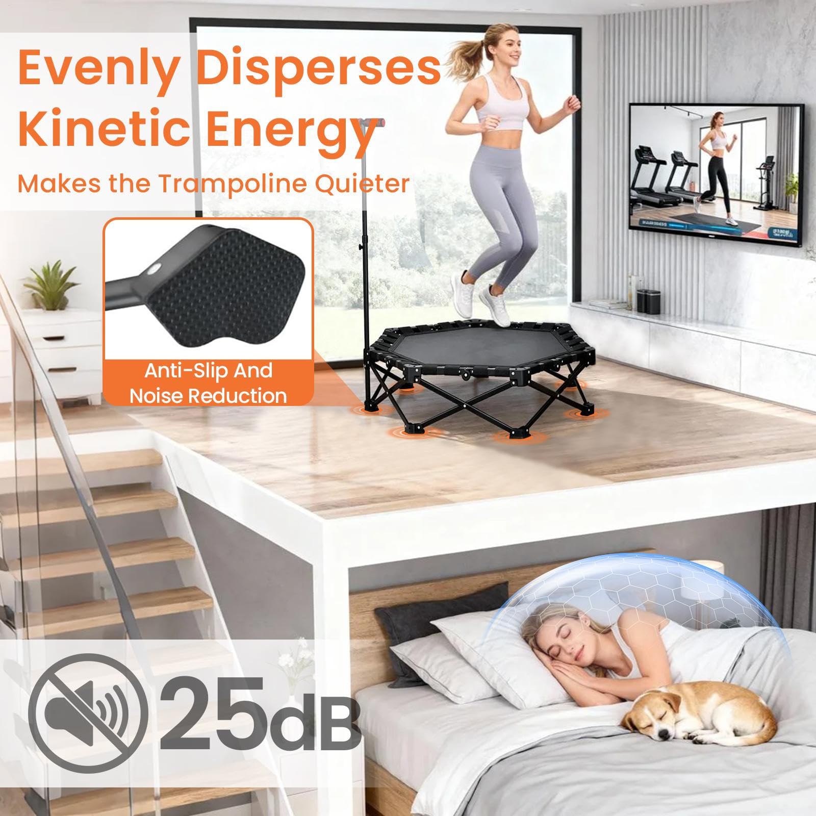 Mini Trampolino Fitness Pieghevole, Trampolino Rimbalzante Pieghevole Con Maniglia Regolabile, Silenzioso E Delicato Sulle Articolazioni, Elastici Extra Larghi, Capacità Di Peso Di 150 Kg