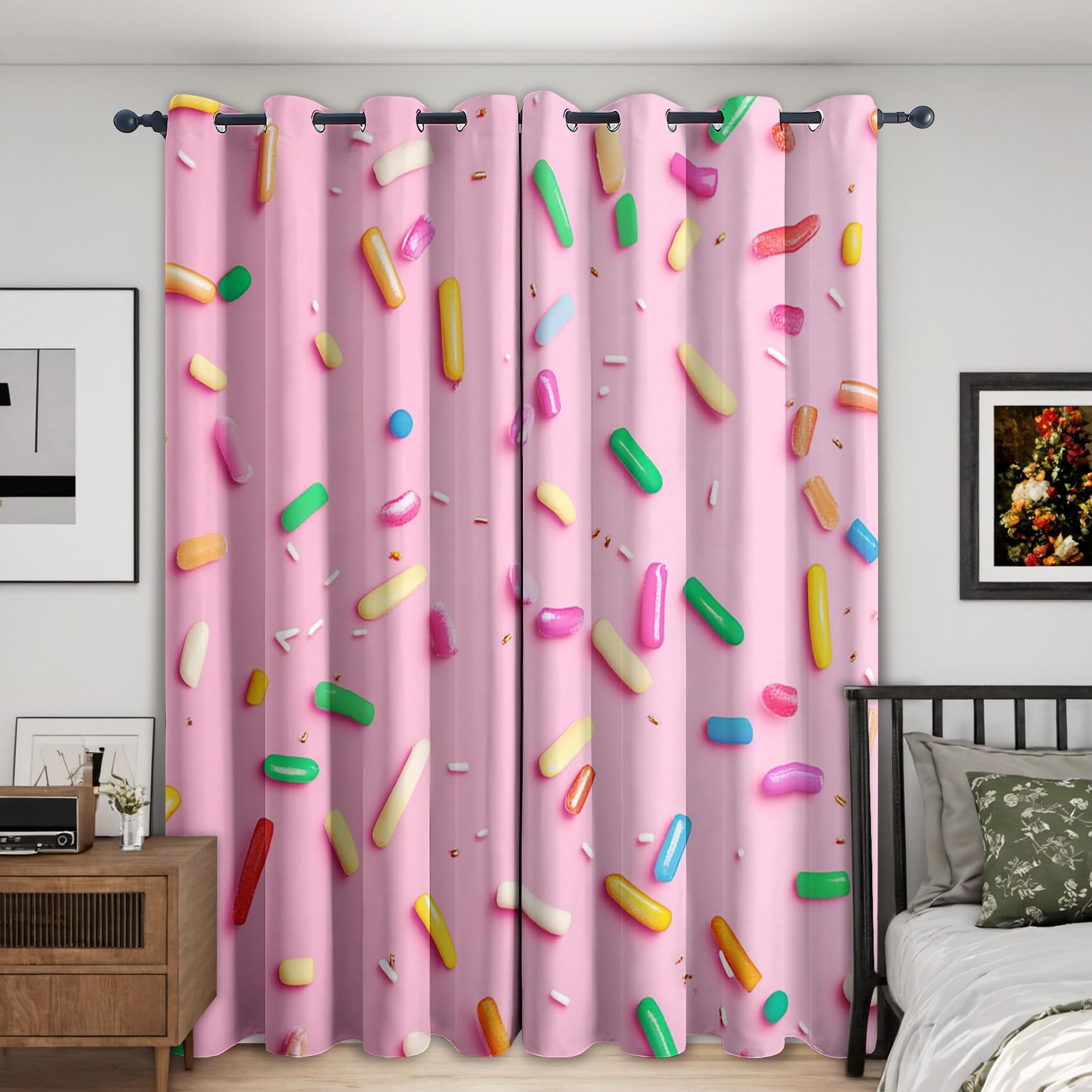 Zuckerstreusel Vorhänge, Kinder Rosa Dessert Verdunklungsvorhänge mit Ösen, Vorhang Blickdicht für Wohnzimmer Schlafzimmer Dekoration, Gardinen mit Muster, 2er Set, H 260 x B 140 cm #S492